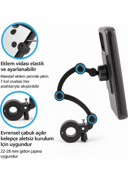 Motosiklet ve Bisiklet Atv Scooter Gidon Telefon Tutucu 360° Döner Başlıklı Su Geçirmez modelleri