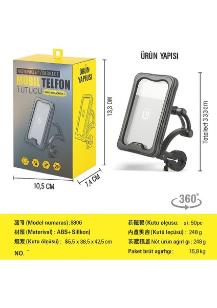 Motosiklet ve Bisiklet Atv Scooter Gidon Telefon Tutucu 360° Döner Başlıklı Su Geçirmez fırsatları