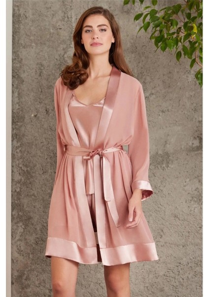 7085 Saten 4'lü Gecelik&sabahlık Büstiyerli Şort Takım