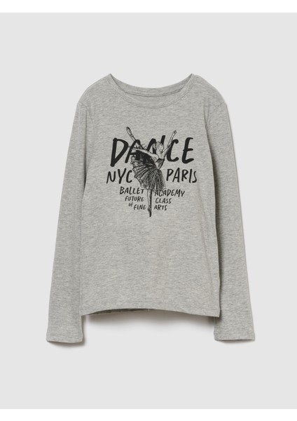 Kız Çocuk Gri Grafik T-Shirt