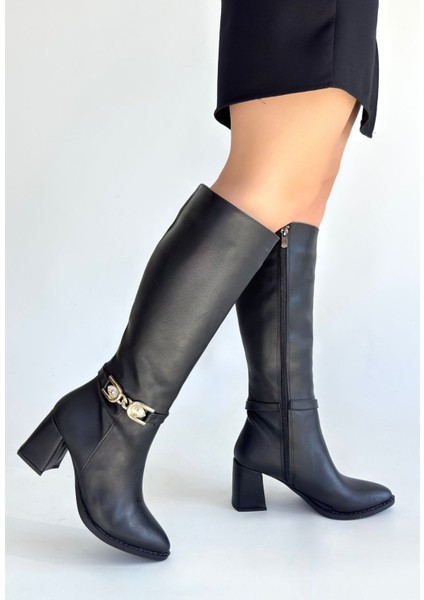 Siyah Fermuarlı Kadın Topuklu Çizme modelleri