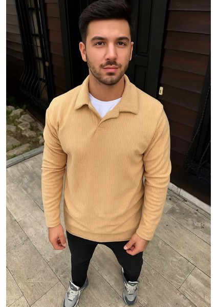 Erkek Fitilli Polar Sweatshirt – Düğmesiz Polo Yaka, Oversize Rahat Kalıp, Kalın Polar Kumaş, Kışlık ve Baharlık Şık Günlük Üst