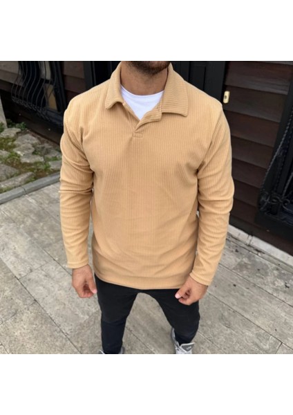 Erkek Fitilli Polar Sweatshirt – Düğmesiz Polo Yaka, Oversize Rahat Kalıp, Kalın Polar Kumaş, Kışlık ve Baharlık Şık Günlük Üst modelleri