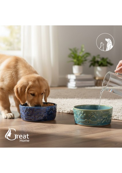 Greathome 2’li Porselen Kedi Köpek Mama ve Su Kabı Evcil Hayvanlar Için