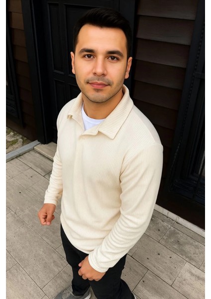 Erkek Fitilli Polar Sweatshirt – Düğmesiz Polo Yaka, Oversize Rahat Kalıp, Kalın Polar Kumaş, Kışlık ve Baharlık Şık Günlük Üst