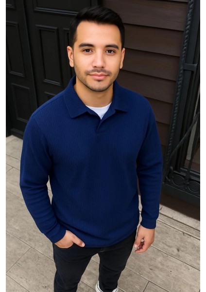 Erkek Fitilli Polar Sweatshirt – Düğmesiz Polo Yaka, Oversize Rahat Kalıp, Kalın Polar Kumaş, Kışlık ve Baharlık Şık Günlük Üst