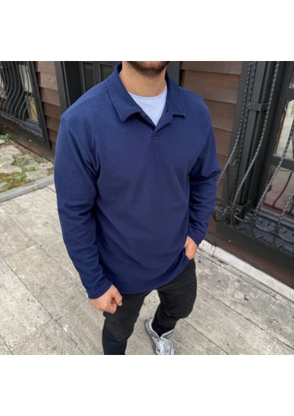 Erkek Fitilli Polar Sweatshirt – Düğmesiz Polo Yaka, Oversize Rahat Kalıp, Kalın Polar Kumaş, Kışlık ve Baharlık Şık Günlük Üst fiyatları