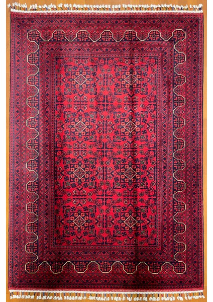 El Dokuma Afgan Halı Yıldız Desenli Bordo Renk 2 Metre Kare