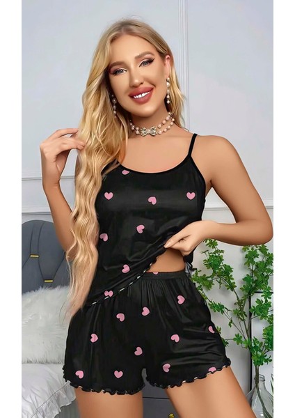 Kadın Siyah Kalp Desenli Seksi Gecelik Takım 6660 - L-Xl - Siyah