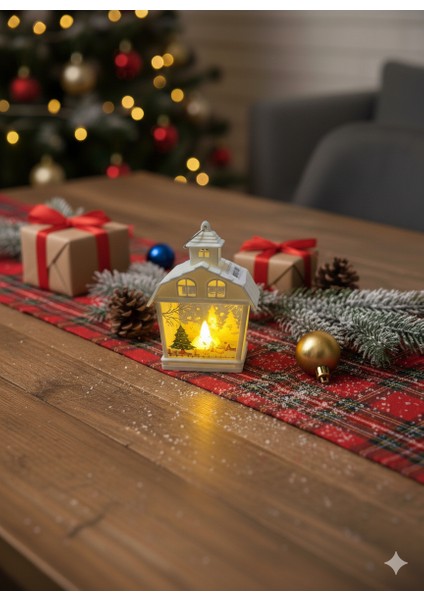 Yılbaşı Ledli Fener (15 Cm) - Ev Modeli Beyaz Renk Dekoratif Pilli Işıklı Masa Süsü ve Gece Lambası