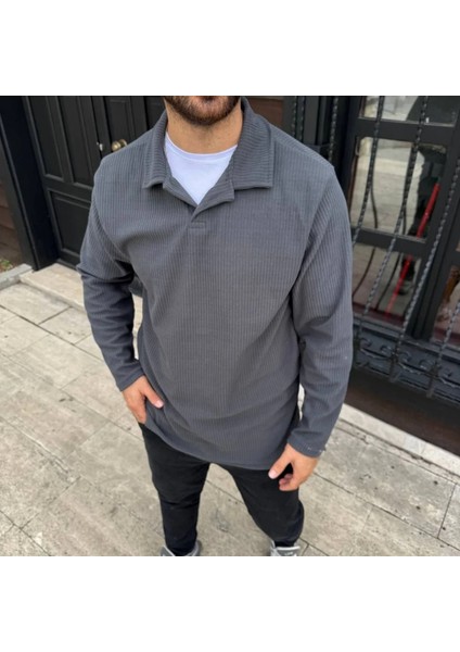 Erkek Fitilli Polar Sweatshirt – Düğmesiz Polo Yaka, Oversize Rahat Kalıp, Kalın Polar Kumaş, Kışlık ve Baharlık Şık Günlük Üst fiyatları