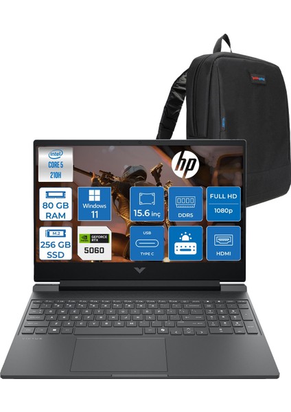 Victus Gaming Intel® Core 5 210H Aı 80GB Ddr5 256GB SSD RTX5060/8GB 15.6"fhd (1920 x 1080), 144 Hz, Ips, 300 Nits WIN11PRO Gaming Bilgisayar C21SGEAP26+ZETTAÇANTA