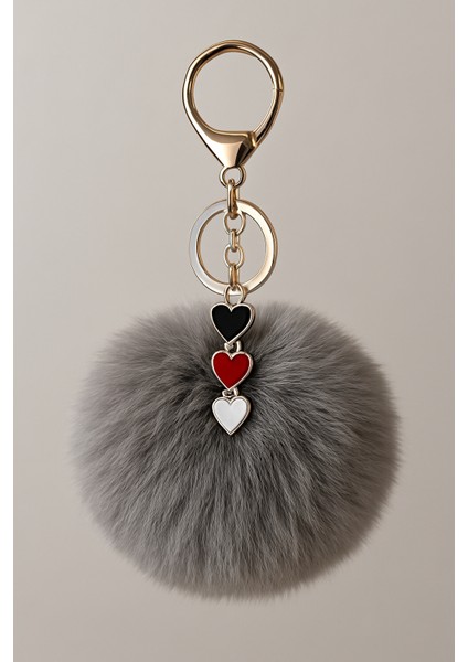 Peluş Pofuduk Ponpon Puf Gri Tüylü Üçlü Charm Ev Ofis Araba Telefon Cüzdan Çanta Anahtarlık