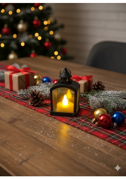 Yılbaşı Ledli Fener (9 Cm) - Rustik Model Siyah Renk Dekoratif Işıklı Masa ve Ağaç Süsü
