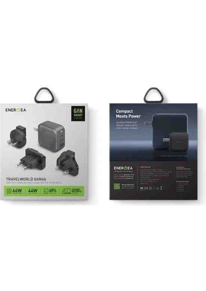 Travelworld Universal GAN66 2 Adet 65W Type-C ve 1 Adet 36W USB 3.0 Çıkışlı Hızlı Şarj Aleti - Koyu Gri