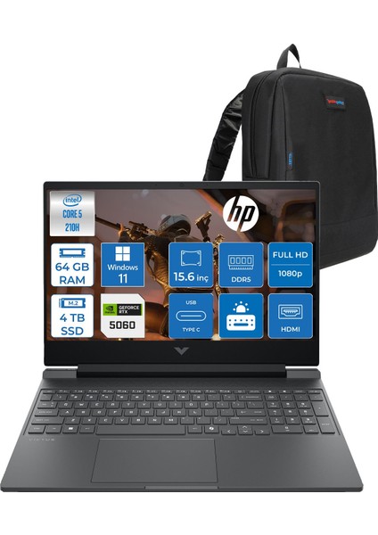Victus Gaming Intel® Core 5 210H Aı 64GB Ddr5 4tb SSD RTX5060/8GB 15.6"fhd (1920 x 1080), 144 Hz, Ips, 300 Nits WIN11PRO Gaming Bilgisayar C21SGEAP25+ZETTAÇANTA