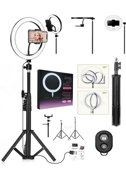 10 Inç LED Ring Light 26 cm Youtuber Makyaj Selfie Video Işığı 2.1m Tripodlu Telefon Tutucu