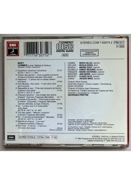 Bizet Carmen Highlights Extraits Querschnitt CD (Orijinal 1989 Dönem Baskı Cd) fiyatları