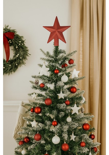 Yılbaşı Ağaç Tepeliği (15 Cm) - Kırmızı Simli ve Yıldız Dolgulu Lüks Çam Ağacı Dekorasyonu