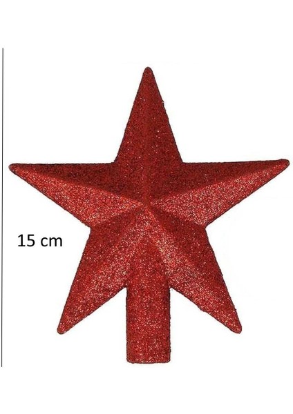 Yılbaşı Ağaç Tepeliği (15 Cm) - Kırmızı Simli ve Yıldız Dolgulu Lüks Çam Ağacı Dekorasyonu fiyatları