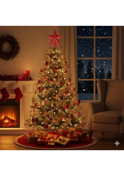 Yılbaşı Ağaç Tepeliği (15 Cm) - Kırmızı Simli ve Yıldız Dolgulu Lüks Çam Ağacı Dekorasyonu modelleri