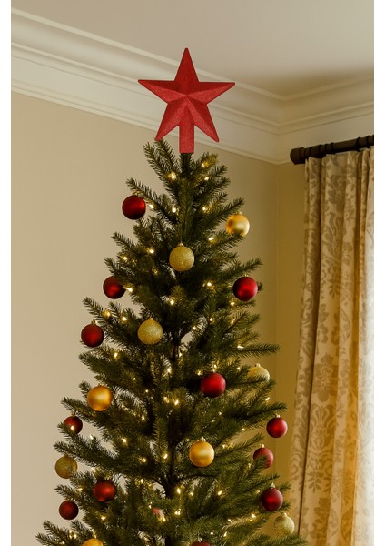 Yılbaşı Ağaç Tepeliği (15 Cm) - Kırmızı Simli ve Yıldız Dolgulu Lüks Çam Ağacı Dekorasyonu fırsatları