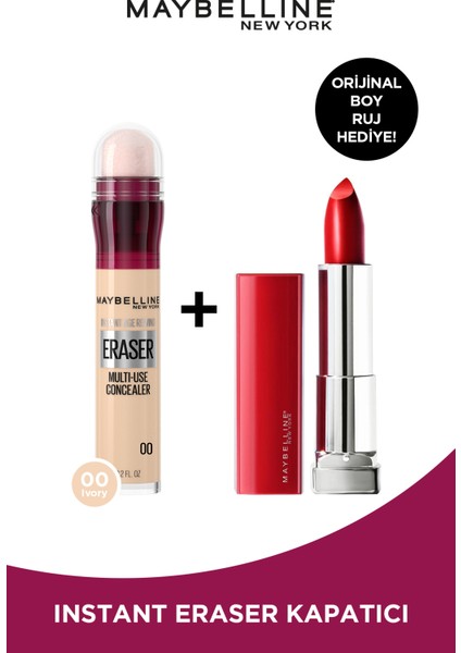 Instant Anti Age Eraser Kapatıcı - 00 Ivory & Maybelline Color Sensational Made For All 385 Ruby For Me Mat Ruj