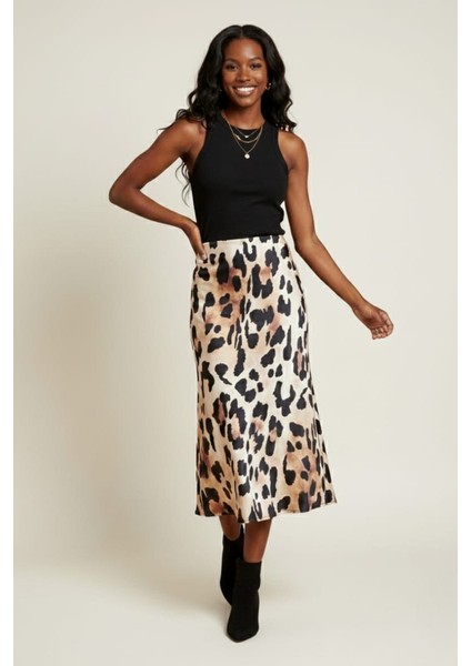 Kadın Leopar Desenli Midi Boy Saten Etek
