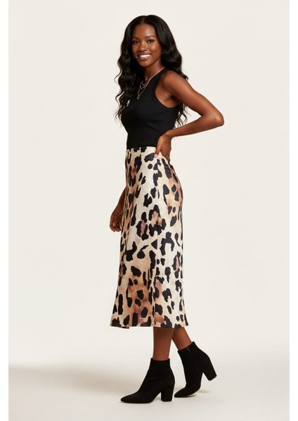 Kadın Leopar Desenli Midi Boy Saten Etek fiyatları