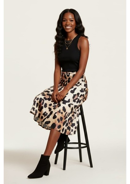 Kadın Leopar Desenli Midi Boy Saten Etek modelleri