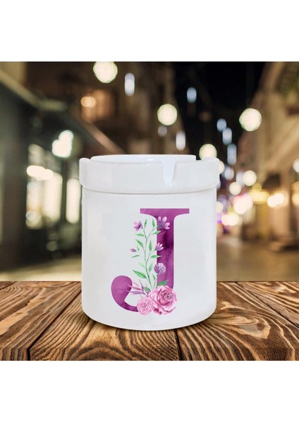 Mor Renkli J Harfi Baskılı Seramik Şık Küllük