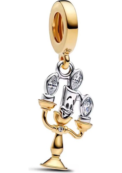 S925 Ayar Gold Renk Disney Güzel ve Çirkin Lumiere Sallantılı Charm
