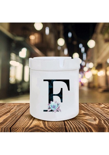 Mavi Çiçekli F Harfi Baskılı Seramik Şık Küllük