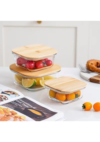 Bambu Kapaklı Vakumlu Cam Saklama Kabı Seti - Yuvarlak, Kare ve Dikdörtgen Gıda Saklama Kabı - Hava Geçirmez Kahvaltılık ve Mutfak Düzeni Için Cam Doğal Ahşap Kapaklı (Kare, 525 Ml)