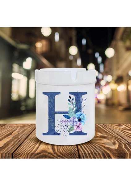 Mavi Renkli H Harfi Baskılı Seramik Şık Küllük
