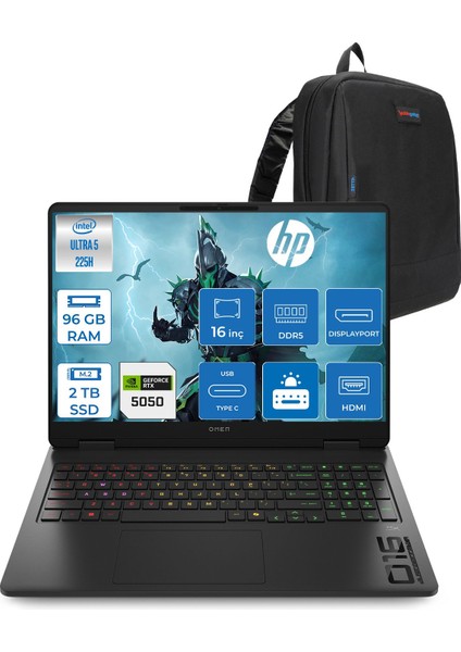 Omen Slim Gaming Intel® Core™ Ultra 5 225H Aı 96GB Ddr5 2tb SSD RTX5050/8GB 16" 2k (1920 x 1200), 144 Hz, IPS 300 Nits Freedos Gaming Bilgisayar BQ2D2EAF34+ZETTAÇANTA