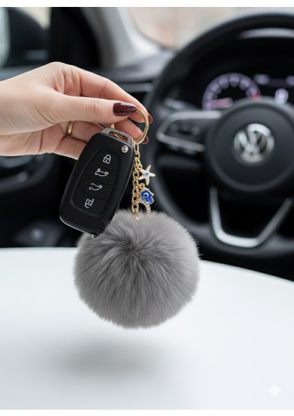 Peluş Pofuduk Ponpon Puf Füme Tüylü Üçlü Charm Ev Ofis Araba Telefon Cüzdan Çanta Anahtarlık