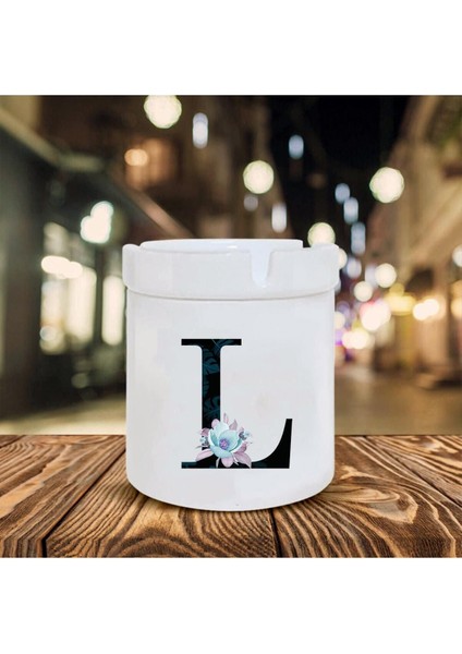 Mavi Çiçekli L Harfi Baskılı Seramik Küllük