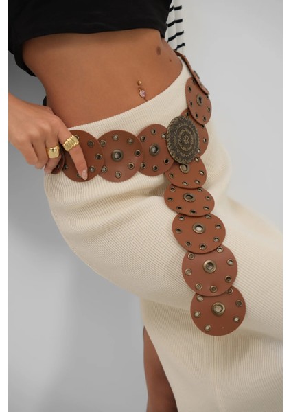 Boho Tarz Yuvarlak Halkalı Deri Kadın Kemer, Vintage Etnik Tasarım