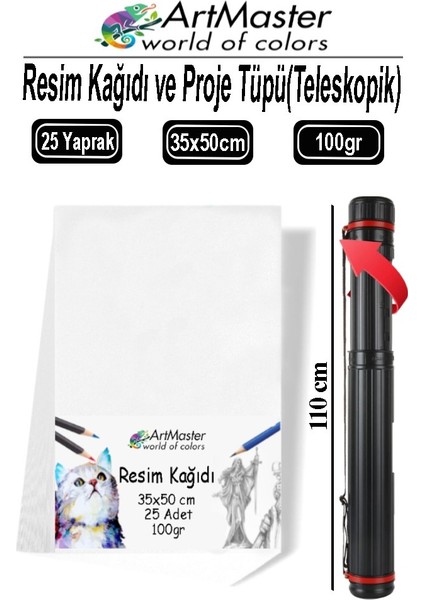 Proje Tüpü Dar 1 Adet 35X50 cm Resim Kağıdı 25 Adet Bazuka Proje Tüpü Silindir ve Resim Kağıdı Seti