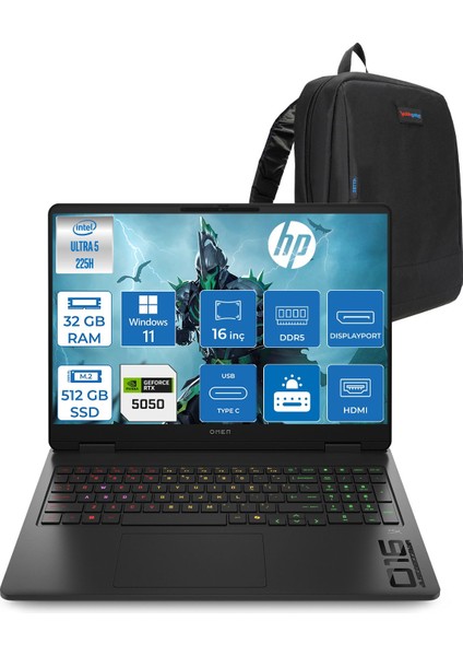 Omen Slim Gaming Intel® Core™ Ultra 5 225H Aı 32GB Ddr5 512GB SSD RTX5050/8GB 16" 2k (1920 x 1200), 144 Hz, IPS 300 Nits WIN11HOME Gaming Bilgisayar BQ2D2EAH12+ZETTAÇANTA