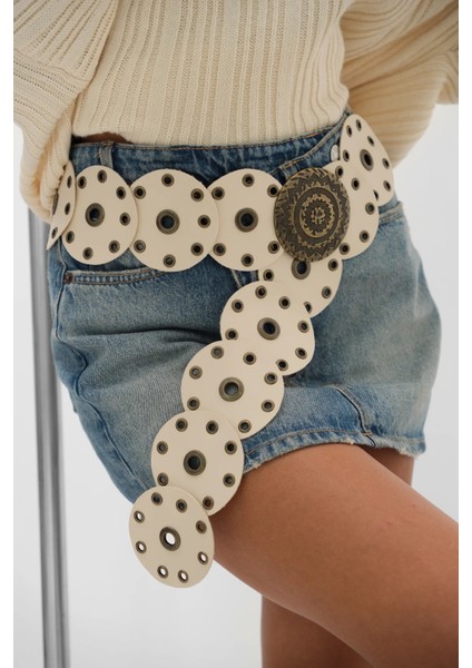 Boho Tarz Yuvarlak Halkalı Deri Kadın Kemer, Vintage Etnik Tasarım