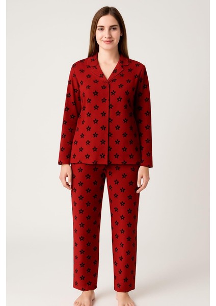 Kadın 0287 Önü Düğmeli Süet Uzun Kol Pijama Takımı Kırmızı