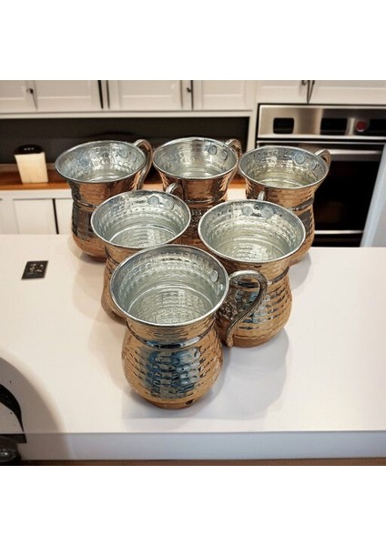Nikelli Gümüş Kaplamalı Bakır Bardak & Bakır Kupa Dövme Bakır Ayran Bardağı Kulplu 6 Adet Maşrafa