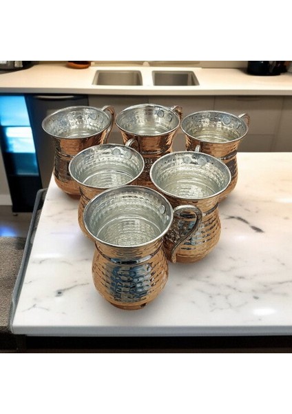 Nikelli Gümüş Kaplamalı Bakır Bardak & Bakır Kupa Dövme Bakır Ayran Bardağı Kulplu 6 Adet Maşrafa fırsatları