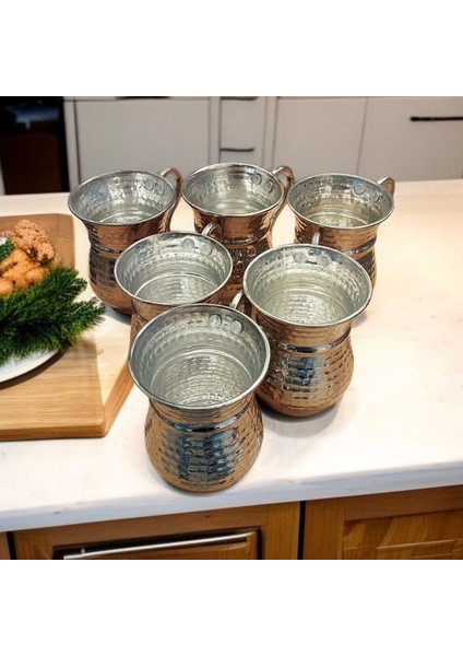 Nikelli Gümüş Kaplamalı Bakır Bardak & Bakır Kupa Dövme Bakır Ayran Bardağı Kulplu 6 Adet Maşrafa indirimleri