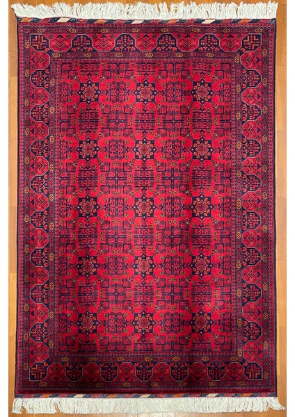 El Dokuma Afgan Halı Ince Dokuma Yıldız Desenli Bordo Renk 2 Metre Kare