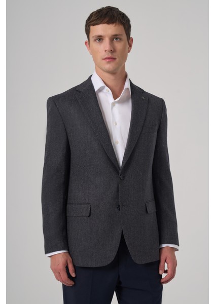 Erkek Lacivert Dokuma Desenli Dynamic Fit Mono Yaka Ceket