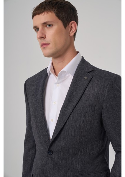 Erkek Lacivert Dokuma Desenli Dynamic Fit Mono Yaka Ceket modelleri