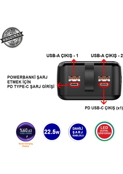 50000 Mah 22.5W Süper Hızlı Şarj Power Bank - Dijital Ekranlı modelleri